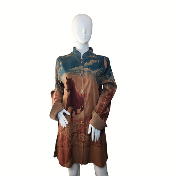 Horse-Print Long-Sleeve Button-Down Shirt Dress With Mandarin Collar Size Large - Picture 1 of 11